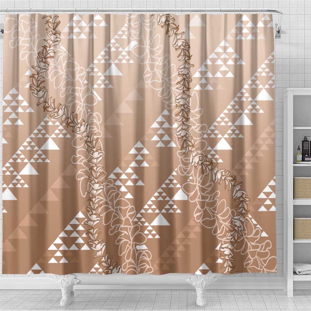 Hawaii Beige Kapa Shower Curtain Vintage 'Ohe Kāpala Motifs Mix Plumeria Leis