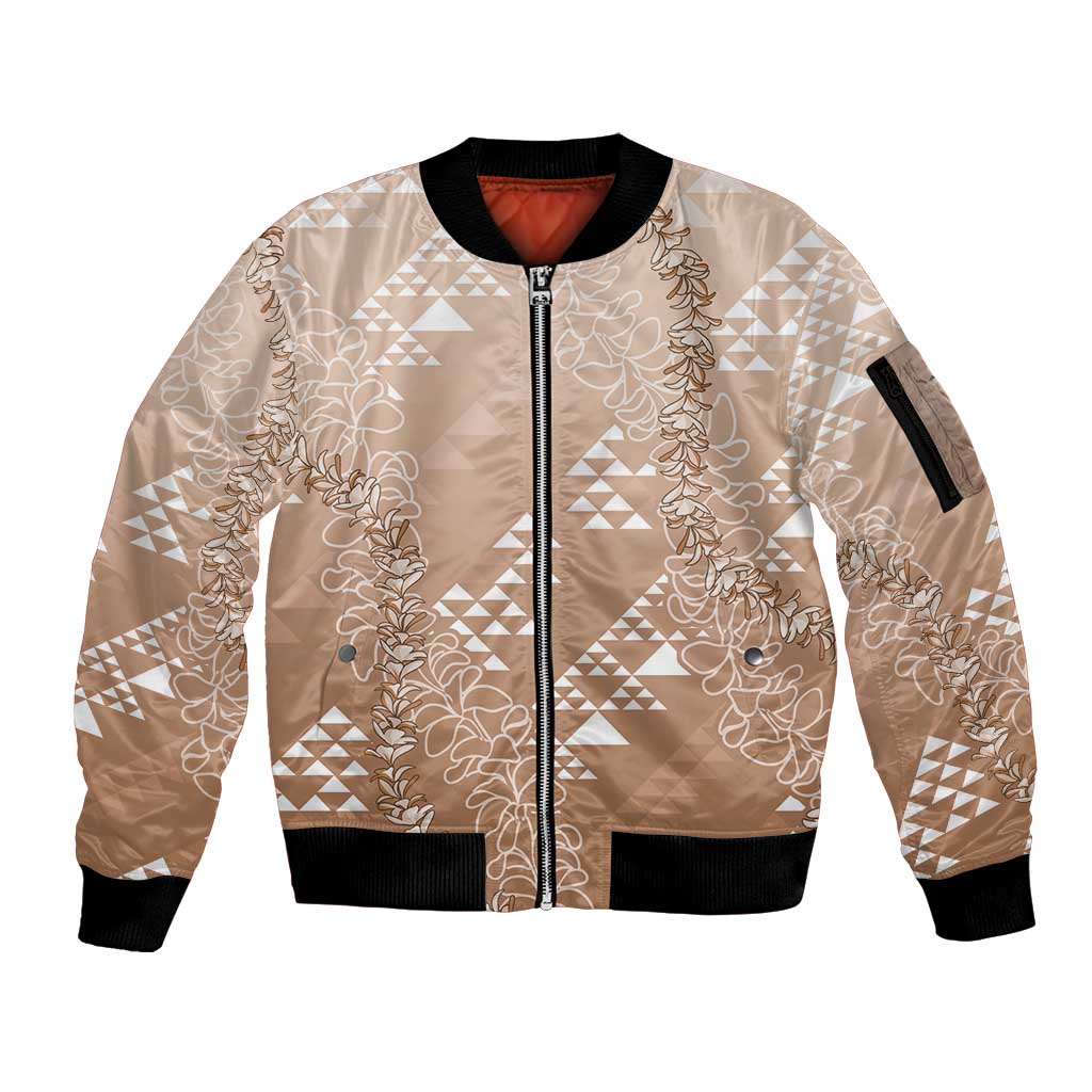 Hawaii Beige Kapa Sleeve Zip Bomber Jacket Vintage 'Ohe Kāpala Motifs Mix Plumeria Leis LT7 Unisex Beige - Polynesian Pride