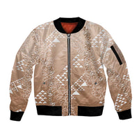 Hawaii Beige Kapa Sleeve Zip Bomber Jacket Vintage 'Ohe Kāpala Motifs Mix Plumeria Leis LT7 Unisex Beige - Polynesian Pride