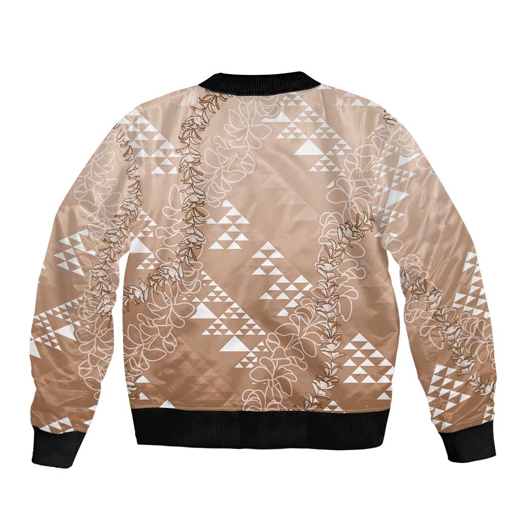 Hawaii Beige Kapa Sleeve Zip Bomber Jacket Vintage 'Ohe Kāpala Motifs Mix Plumeria Leis LT7 - Polynesian Pride