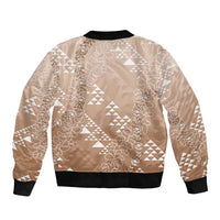 Hawaii Beige Kapa Sleeve Zip Bomber Jacket Vintage 'Ohe Kāpala Motifs Mix Plumeria Leis LT7 - Polynesian Pride