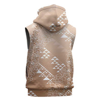 Hawaii Beige Kapa Sleeveless Hoodie Vintage 'Ohe Kāpala Motifs Mix Plumeria Leis