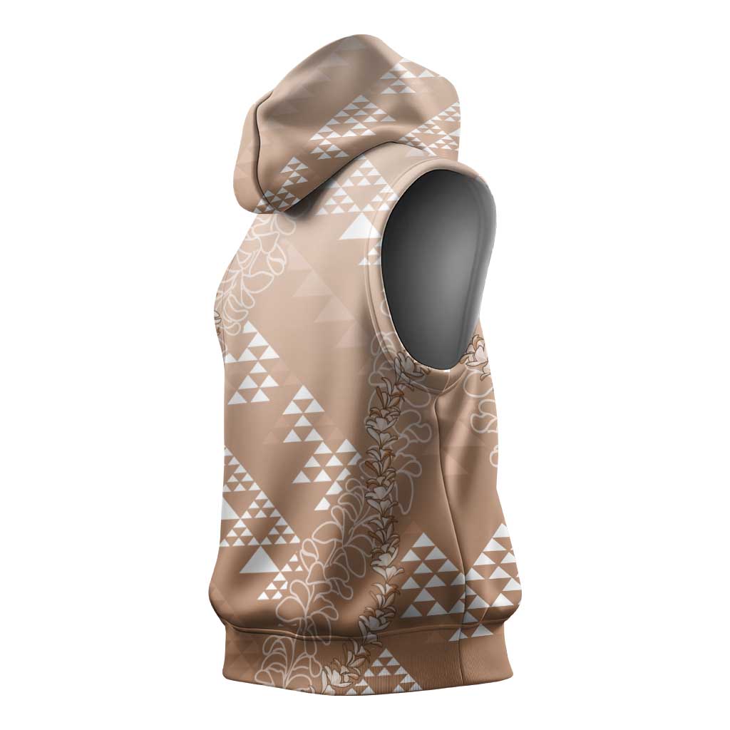 Hawaii Beige Kapa Sleeveless Hoodie Vintage 'Ohe Kāpala Motifs Mix Plumeria Leis