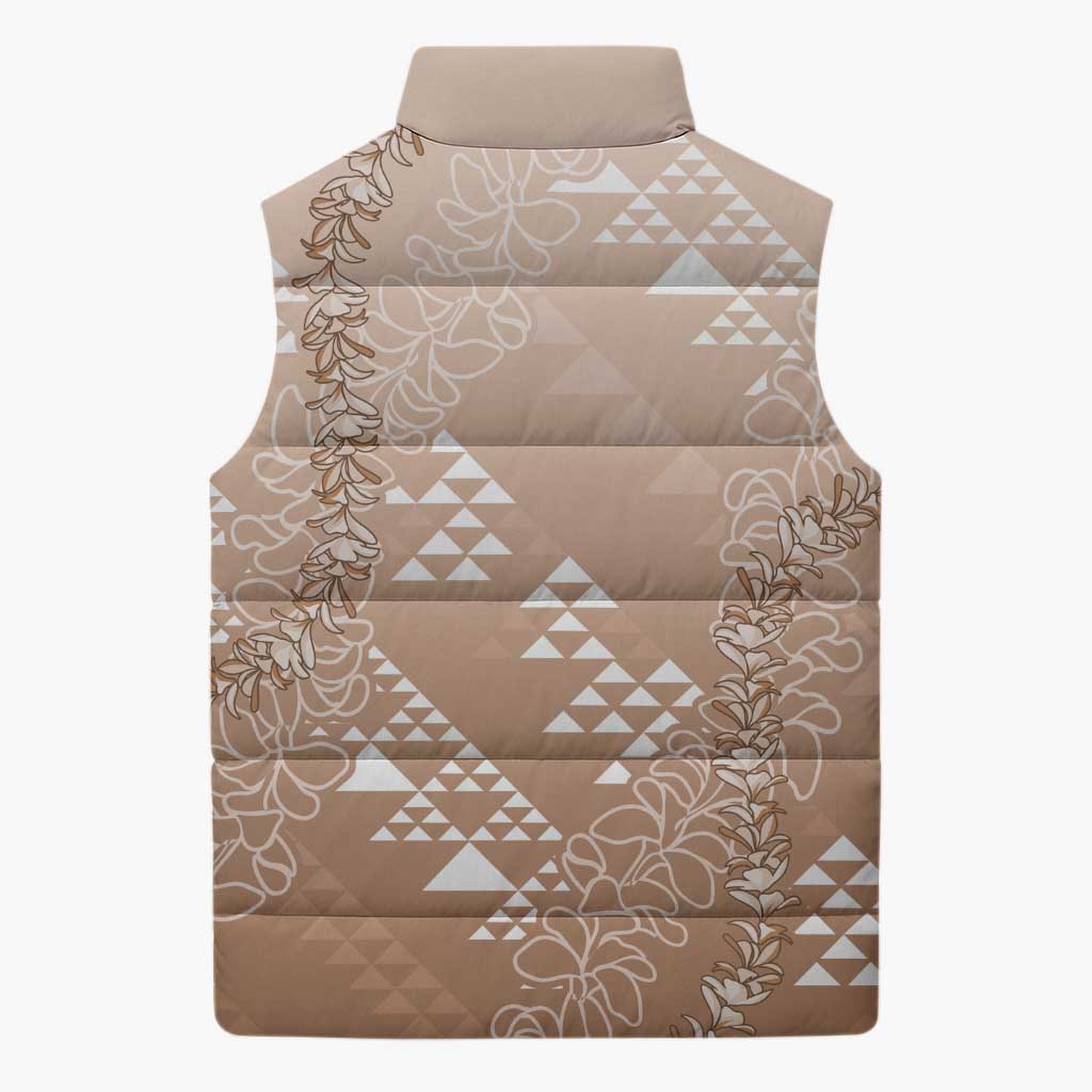 Hawaii Beige Kapa Sleeveless Puffer Jacket Vintage 'Ohe Kāpala Motifs Mix Plumeria Leis