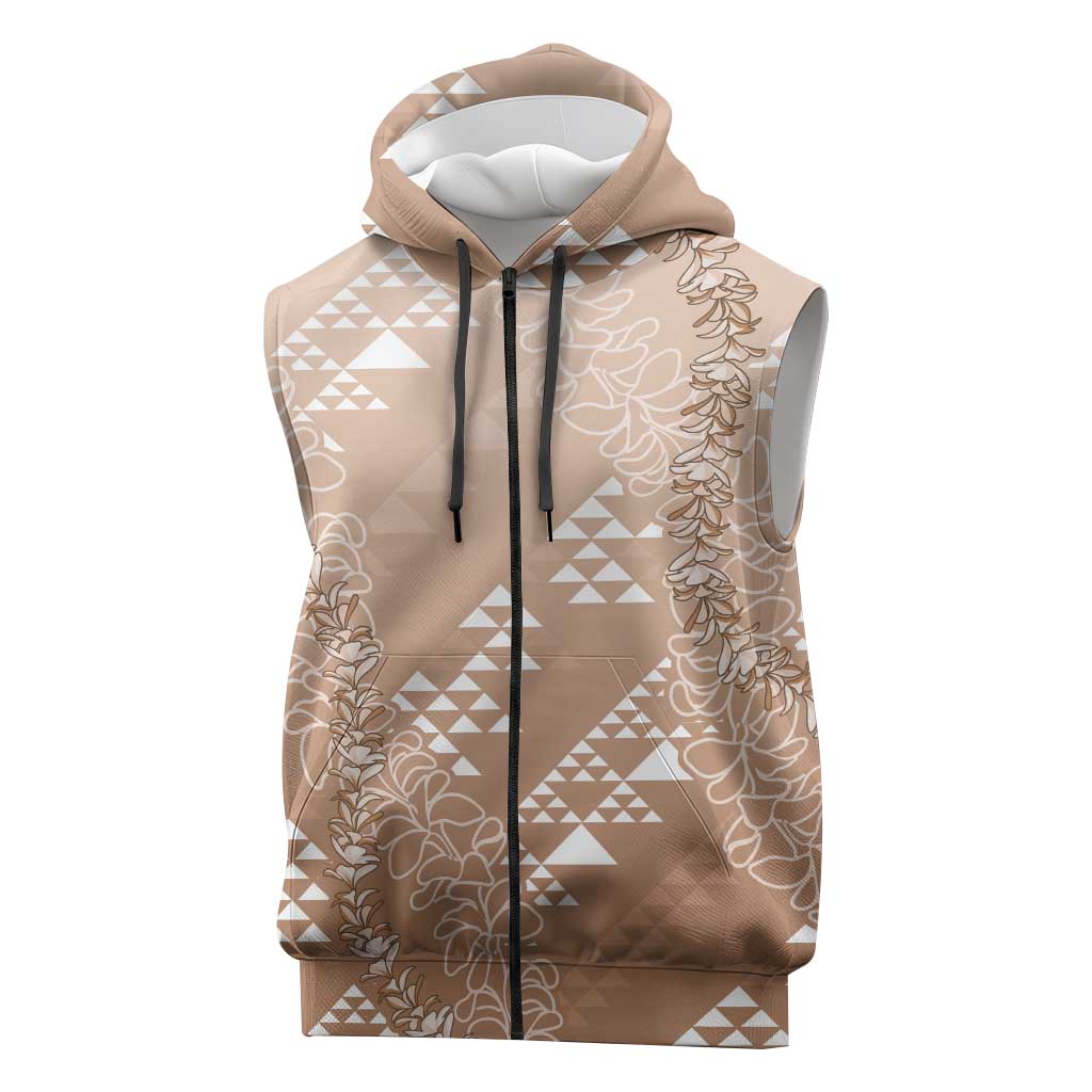 Hawaii Beige Kapa Sleeveless Zip Hoodie Vintage 'Ohe Kāpala Motifs Mix Plumeria Leis