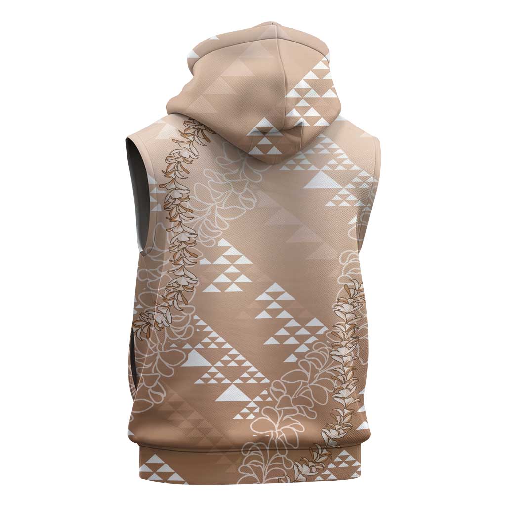 Hawaii Beige Kapa Sleeveless Zip Hoodie Vintage 'Ohe Kāpala Motifs Mix Plumeria Leis