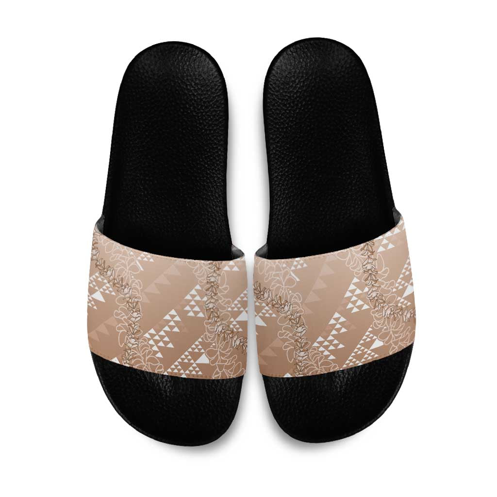 Hawaii Beige Kapa Slide Sandals Vintage 'Ohe Kāpala Motifs Mix Plumeria Leis LT7 Beige - Polynesian Pride