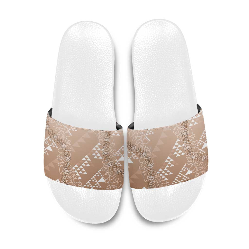 Hawaii Beige Kapa Slide Sandals Vintage 'Ohe Kāpala Motifs Mix Plumeria Leis LT7 Beige - Polynesian Pride