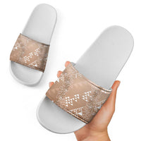 Hawaii Beige Kapa Slide Sandals Vintage 'Ohe Kāpala Motifs Mix Plumeria Leis LT7 - Polynesian Pride