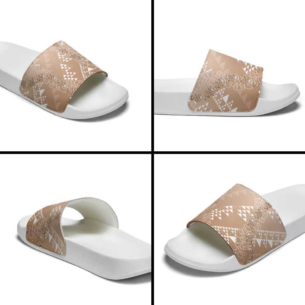Hawaii Beige Kapa Slide Sandals Vintage 'Ohe Kāpala Motifs Mix Plumeria Leis LT7 - Polynesian Pride