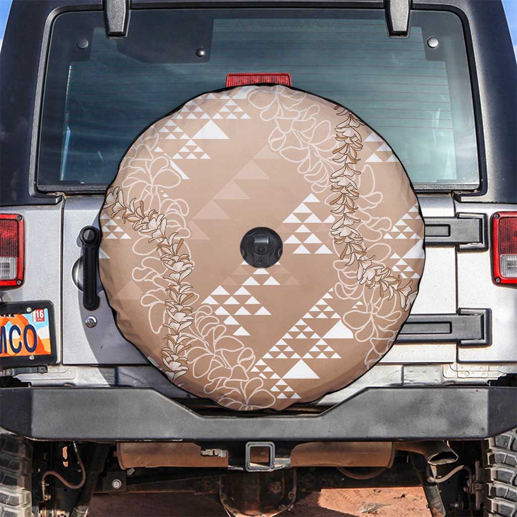 Hawaii Beige Kapa Spare Tire Cover Vintage 'Ohe Kāpala Motifs Mix Plumeria Leis