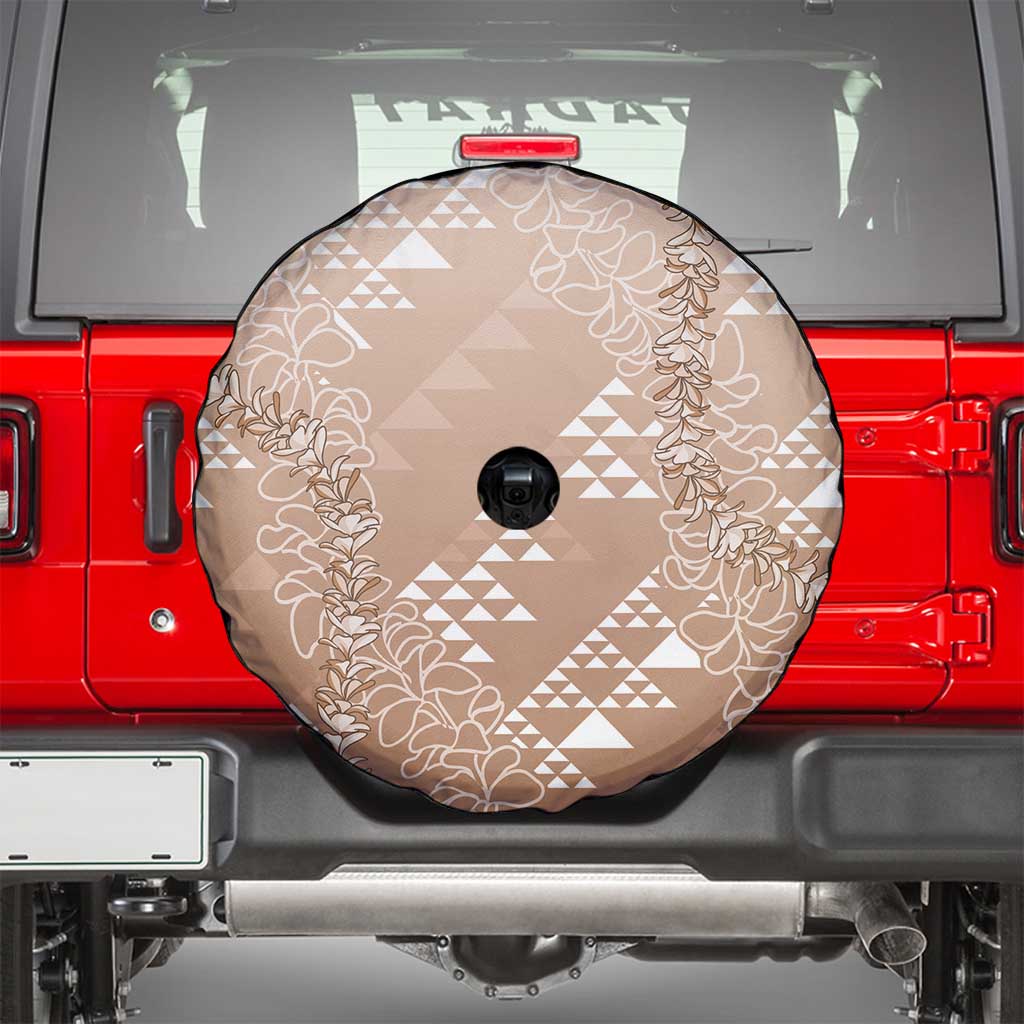 Hawaii Beige Kapa Spare Tire Cover Vintage 'Ohe Kāpala Motifs Mix Plumeria Leis