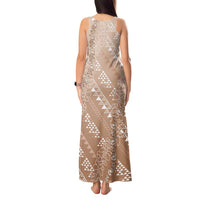 Hawaii Beige Kapa Tank Maxi Dress Vintage 'Ohe Kāpala Motifs Mix Plumeria Leis