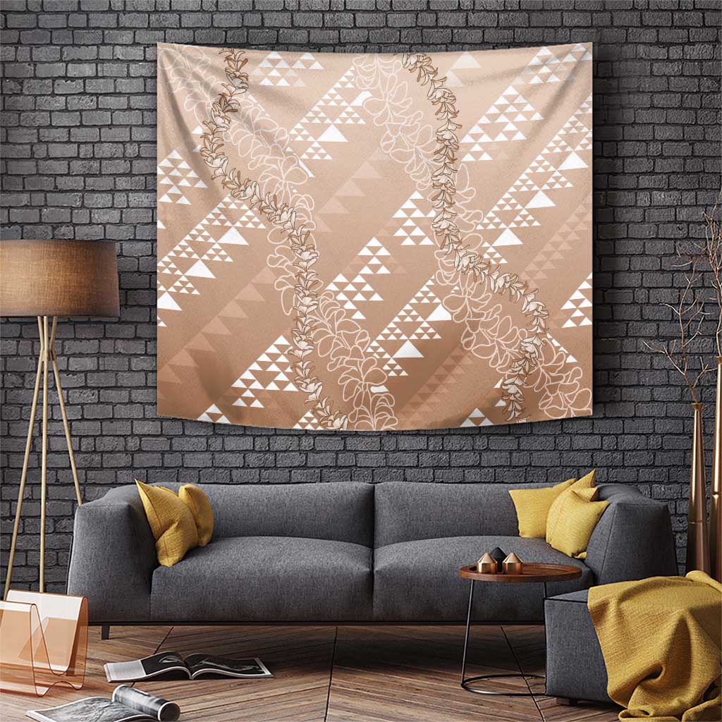 Hawaii Beige Kapa Tapestry Vintage 'Ohe Kāpala Motifs Mix Plumeria Leis