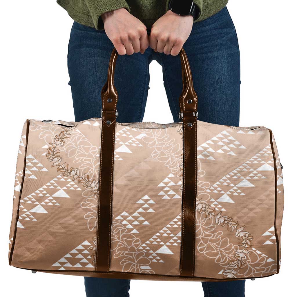 Hawaii Beige Kapa Travel Bag Vintage 'Ohe Kāpala Motifs Mix Plumeria Leis