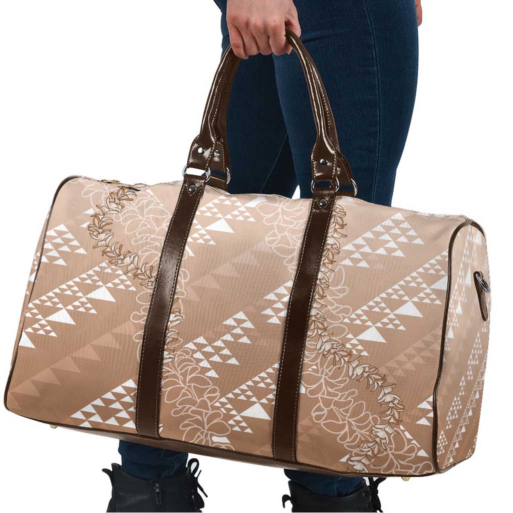 Hawaii Beige Kapa Travel Bag Vintage 'Ohe Kāpala Motifs Mix Plumeria Leis