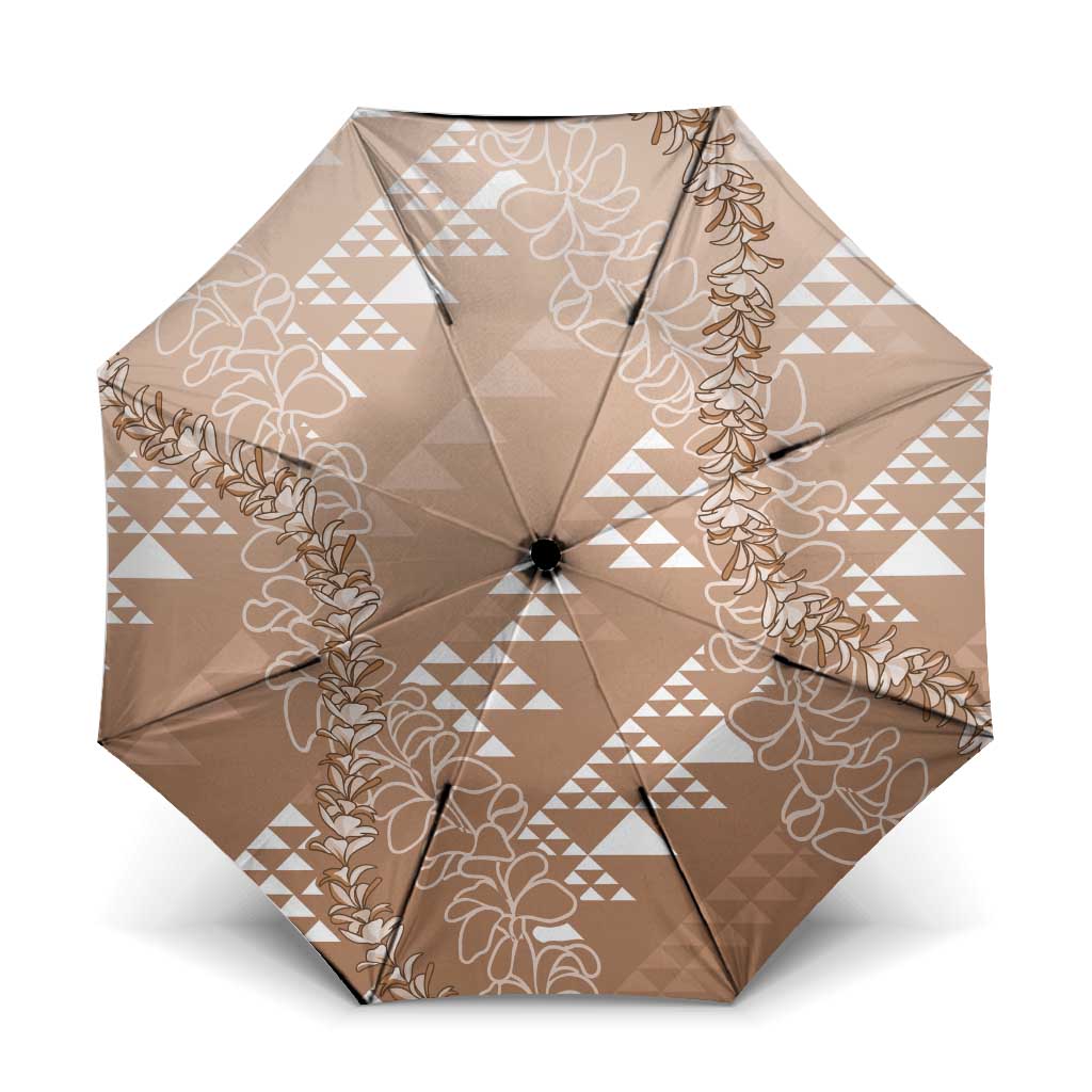 Hawaii Beige Kapa Umbrella Vintage 'Ohe Kāpala Motifs Mix Plumeria Leis