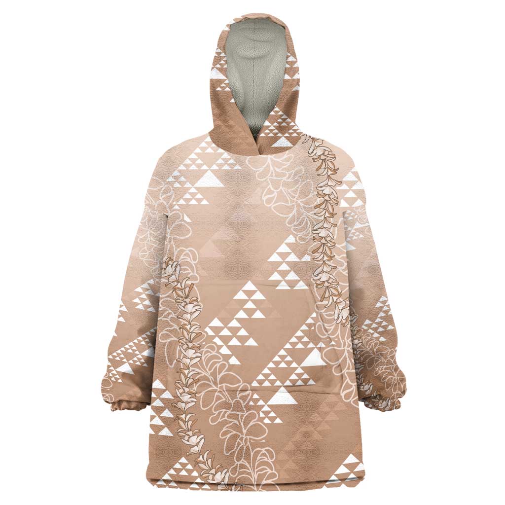 Hawaii Beige Kapa Wearable Blanket Hoodie Vintage 'Ohe Kāpala Motifs Mix Plumeria Leis