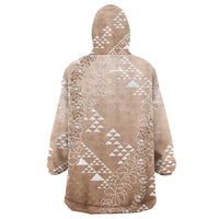 Hawaii Beige Kapa Wearable Blanket Hoodie Vintage 'Ohe Kāpala Motifs Mix Plumeria Leis