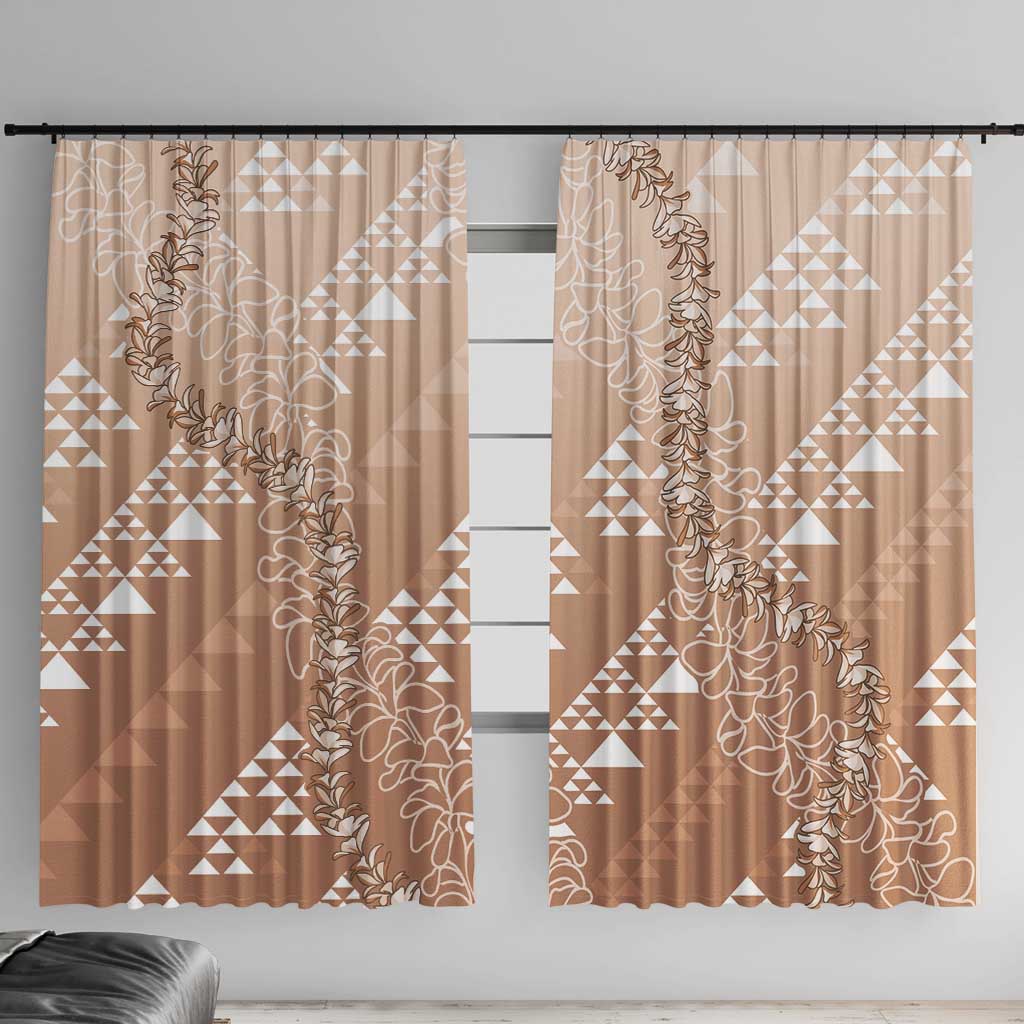 Hawaii Beige Kapa Window Curtain Vintage 'Ohe Kāpala Motifs Mix Plumeria Leis LT7 With Hooks Beige - Polynesian Pride