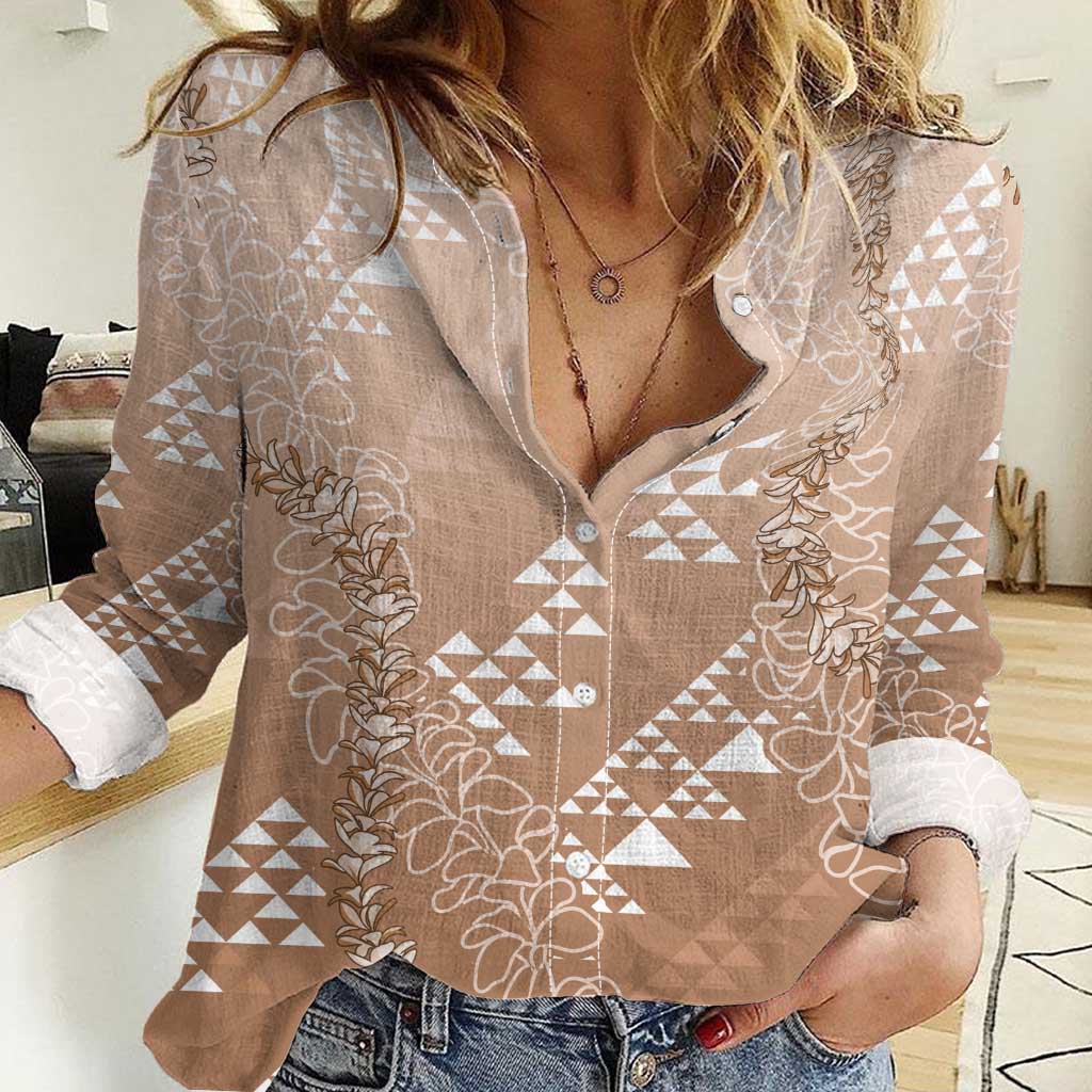 Hawaii Beige Kapa Women Casual Shirt Vintage 'Ohe Kāpala Motifs Mix Plumeria Leis