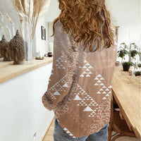 Hawaii Beige Kapa Women Casual Shirt Vintage 'Ohe Kāpala Motifs Mix Plumeria Leis