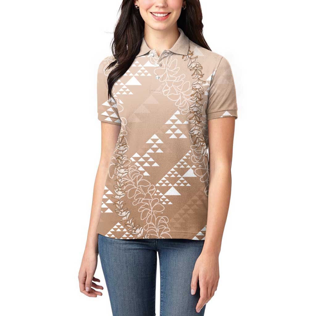 Hawaii Beige Kapa Women Polo Shirt Vintage 'Ohe Kāpala Motifs Mix Plumeria Leis