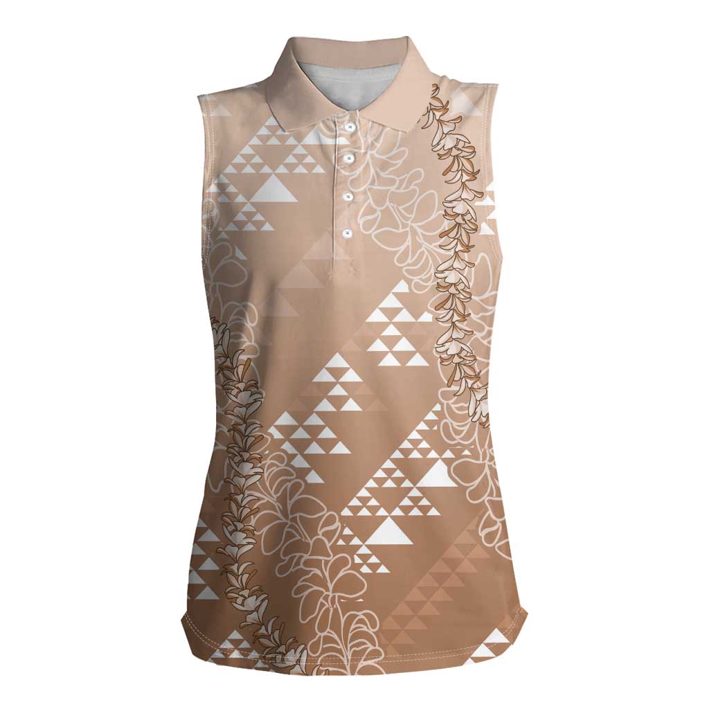 Hawaii Beige Kapa Women Sleeveless Polo Shirt Vintage 'Ohe Kāpala Motifs Mix Plumeria Leis LT7 Female Beige - Polynesian Pride
