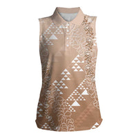 Hawaii Beige Kapa Women Sleeveless Polo Shirt Vintage 'Ohe Kāpala Motifs Mix Plumeria Leis LT7 Female Beige - Polynesian Pride