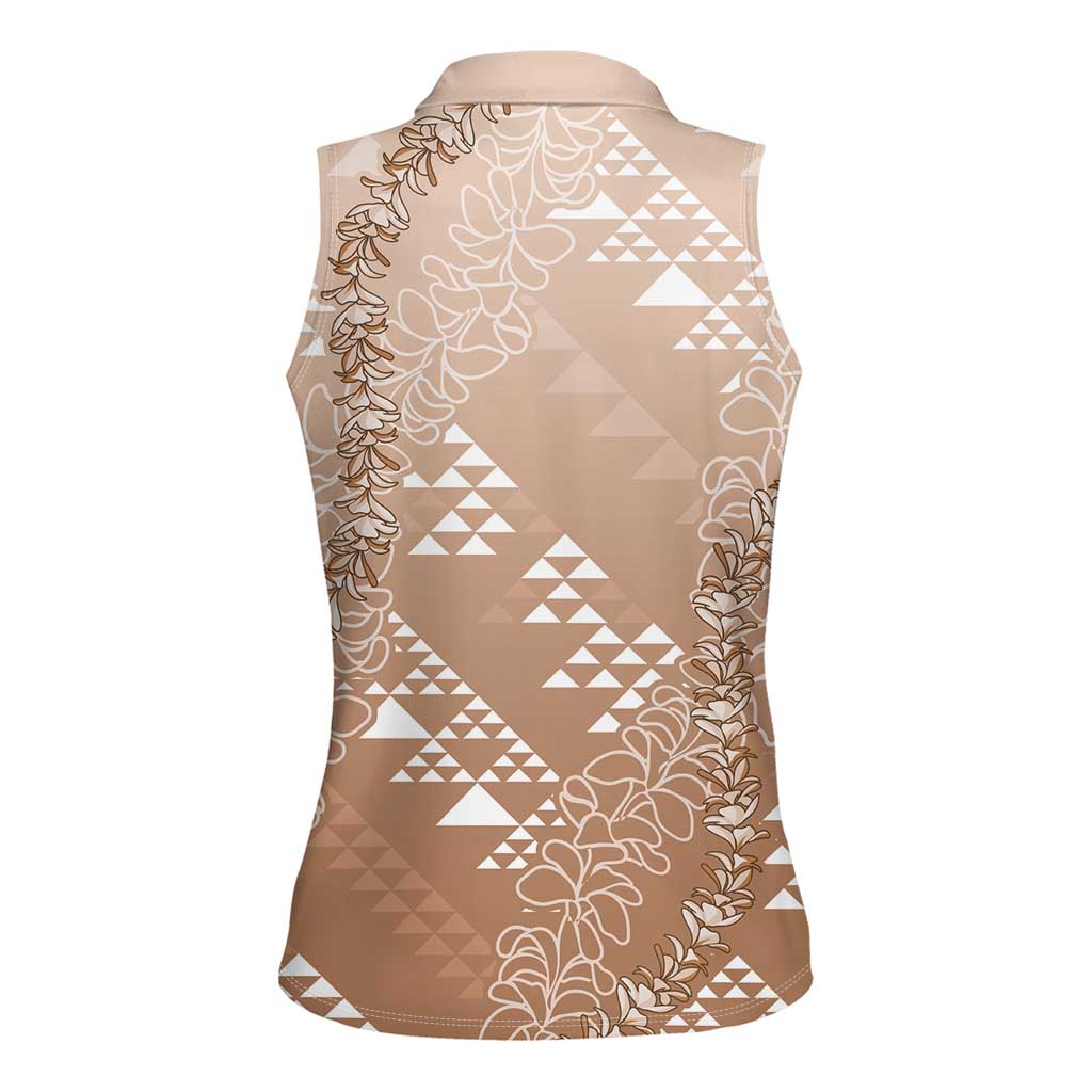 Hawaii Beige Kapa Women Sleeveless Polo Shirt Vintage 'Ohe Kāpala Motifs Mix Plumeria Leis LT7 - Polynesian Pride