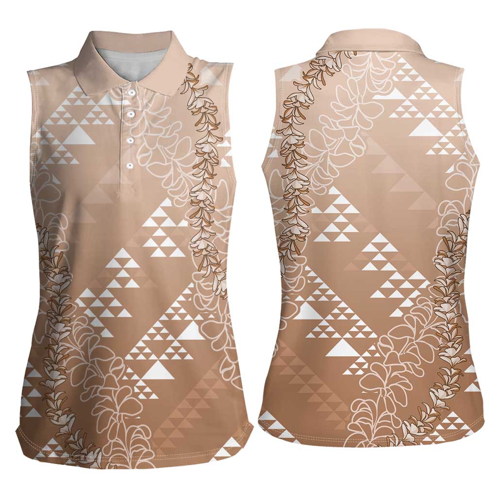 Hawaii Beige Kapa Women Sleeveless Polo Shirt Vintage 'Ohe Kāpala Motifs Mix Plumeria Leis LT7 - Polynesian Pride