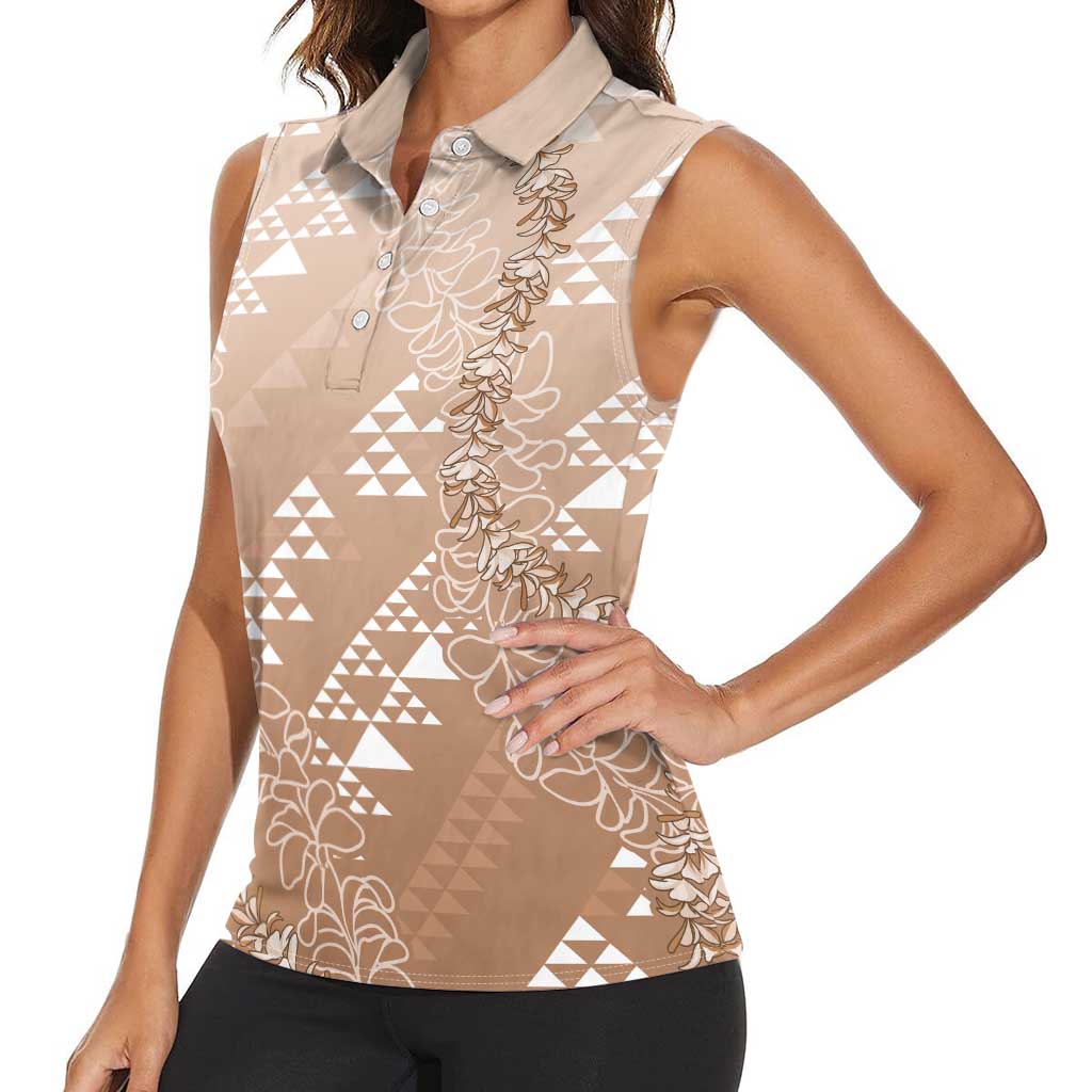 Hawaii Beige Kapa Women Sleeveless Polo Shirt Vintage 'Ohe Kāpala Motifs Mix Plumeria Leis LT7 - Polynesian Pride