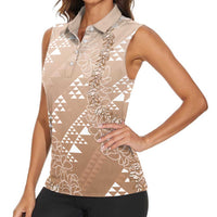Hawaii Beige Kapa Women Sleeveless Polo Shirt Vintage 'Ohe Kāpala Motifs Mix Plumeria Leis LT7 - Polynesian Pride