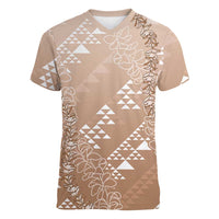 Hawaii Beige Kapa Women V-Neck T-Shirt Vintage 'Ohe Kāpala Motifs Mix Plumeria Leis