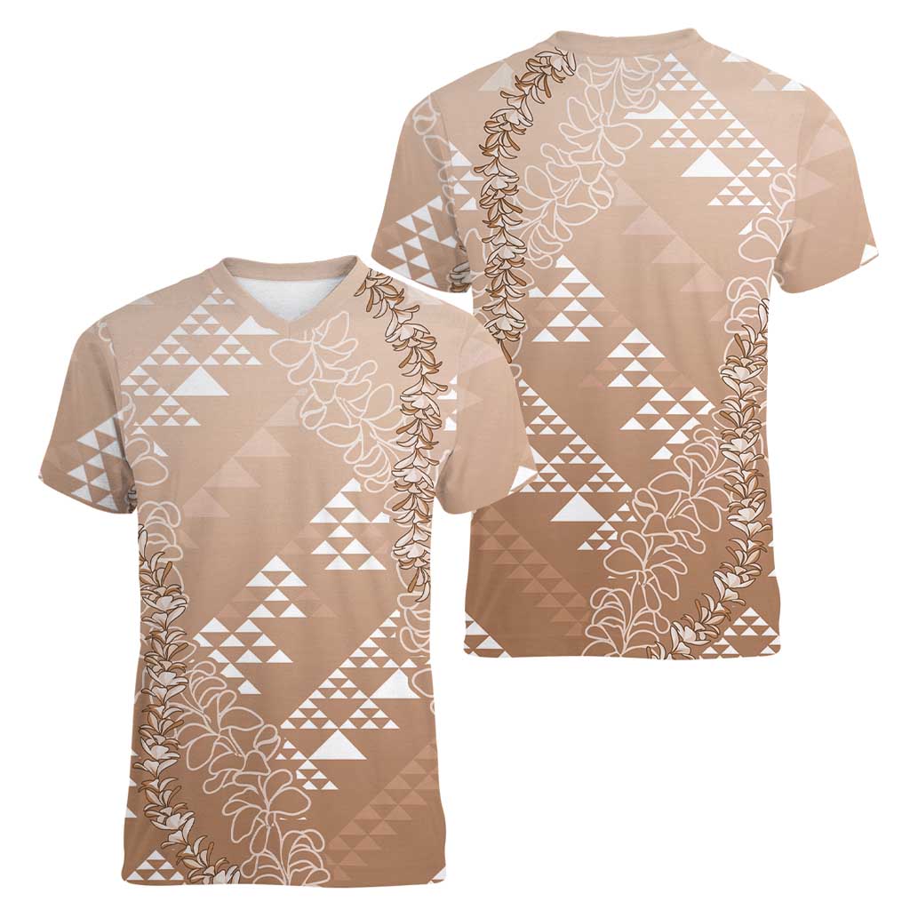 Hawaii Beige Kapa Women V-Neck T-Shirt Vintage 'Ohe Kāpala Motifs Mix Plumeria Leis