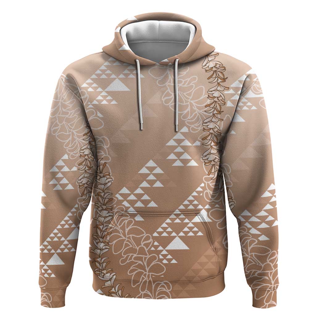 Hawaii Beige Kapa Zip Hoodie Vintage 'Ohe Kāpala Motifs Mix Plumeria Leis