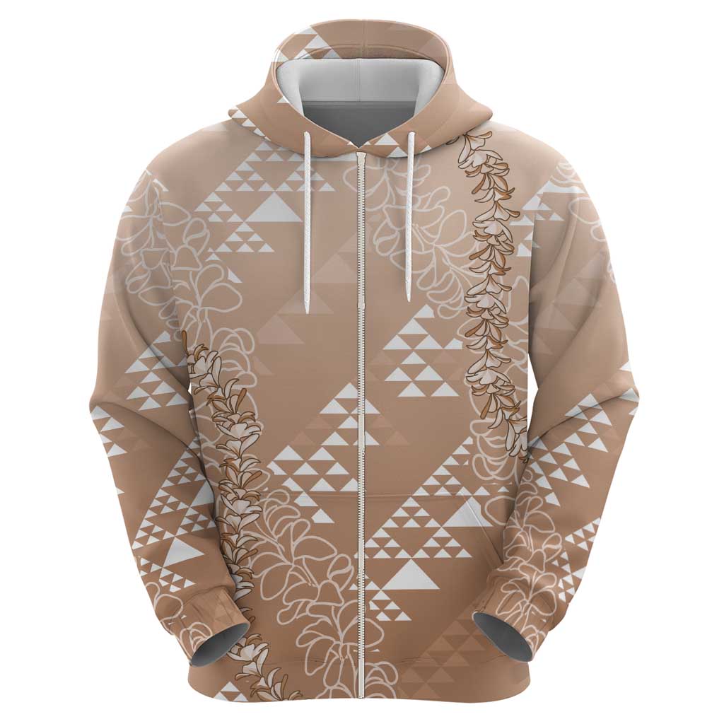 Hawaii Beige Kapa Zip Hoodie Vintage 'Ohe Kāpala Motifs Mix Plumeria Leis