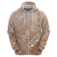 Hawaii Beige Kapa Zip Hoodie Vintage 'Ohe Kāpala Motifs Mix Plumeria Leis
