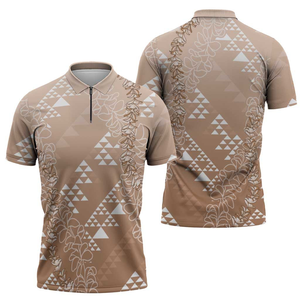 Hawaii Beige Kapa Zipper Polo Shirt Vintage 'Ohe Kāpala Motifs Mix Plumeria Leis