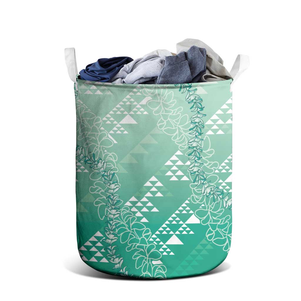Hawaii Jade Green Kapa Laundry Basket Vintage 'Ohe Kāpala Motifs Mix Plumeria Leis LT7 - Polynesian Pride