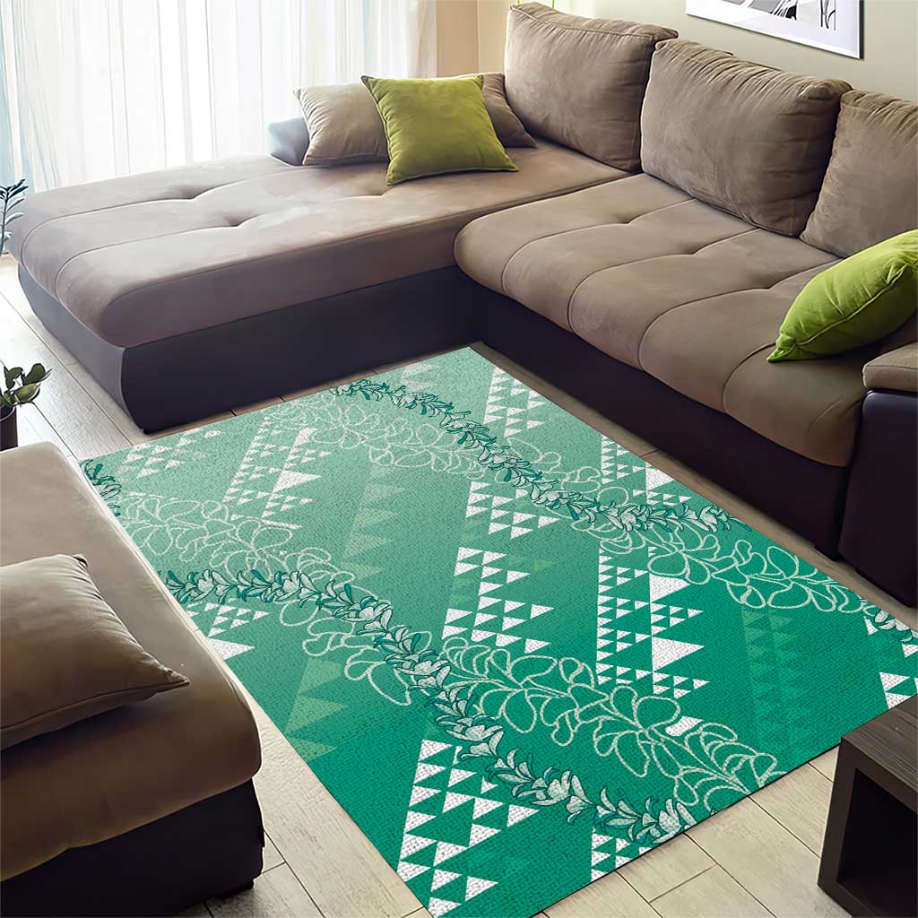 Hawaii Jade Green Kapa Area Rug Vintage 'Ohe Kāpala Motifs Mix Plumeria Leis
