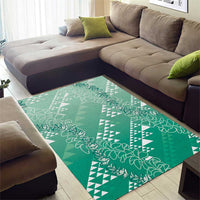 Hawaii Jade Green Kapa Area Rug Vintage 'Ohe Kāpala Motifs Mix Plumeria Leis