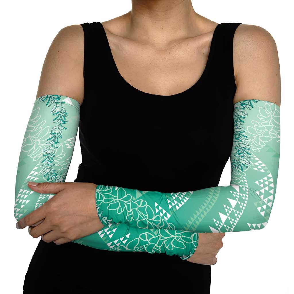 Hawaii Jade Green Kapa Arm Sleeves Vintage 'Ohe Kāpala Motifs Mix Plumeria Leis
