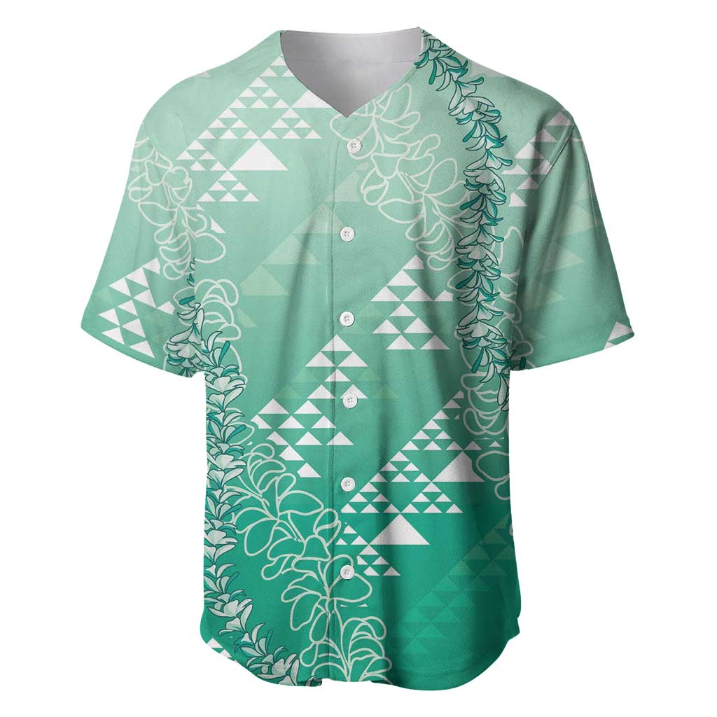 Hawaii Jade Green Kapa Baseball Jersey Vintage 'Ohe Kāpala Motifs Mix Plumeria Leis