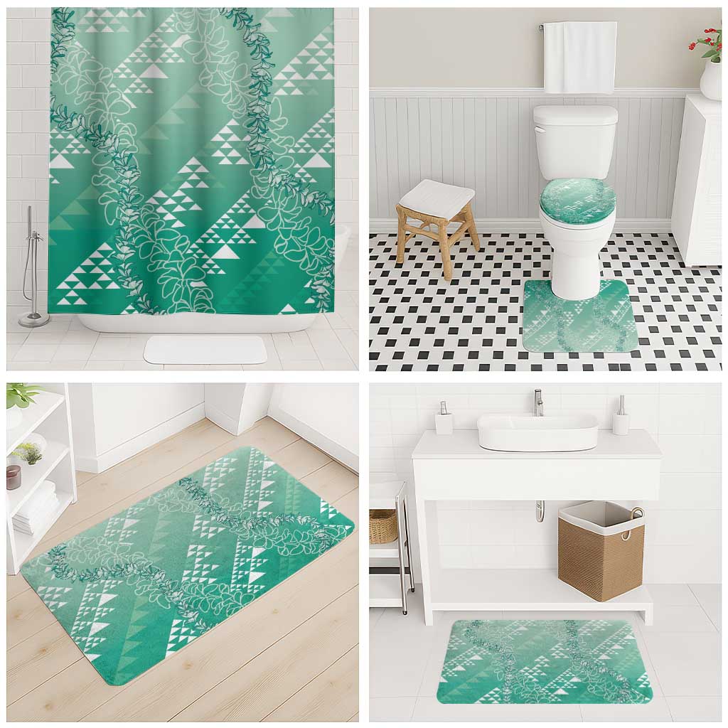 Hawaii Jade Green Kapa Bathroom Set Vintage 'Ohe Kāpala Motifs Mix Plumeria Leis