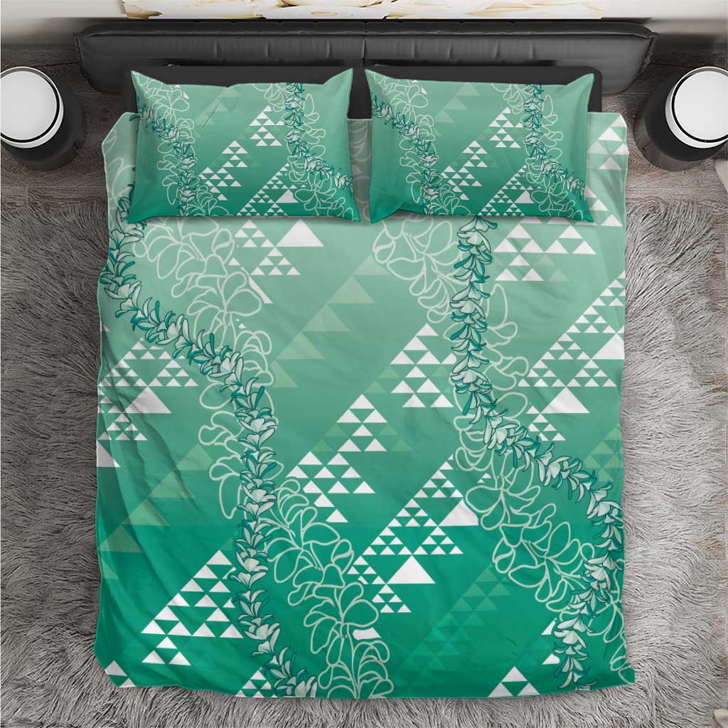 Hawaii Jade Green Kapa Bedding Set Vintage 'Ohe Kāpala Motifs Mix Plumeria Leis