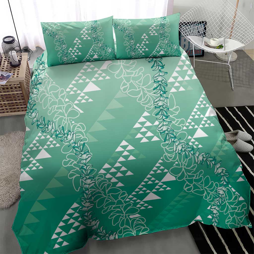 Hawaii Jade Green Kapa Bedding Set Vintage 'Ohe Kāpala Motifs Mix Plumeria Leis