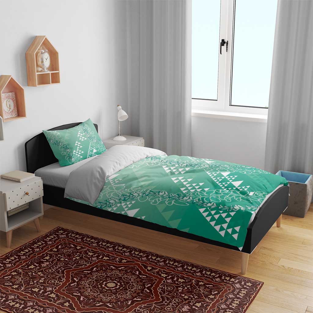 Hawaii Jade Green Kapa Bedding Set Vintage 'Ohe Kāpala Motifs Mix Plumeria Leis