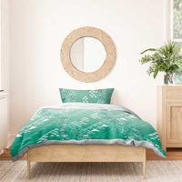 Hawaii Jade Green Kapa Bedding Set Vintage 'Ohe Kāpala Motifs Mix Plumeria Leis