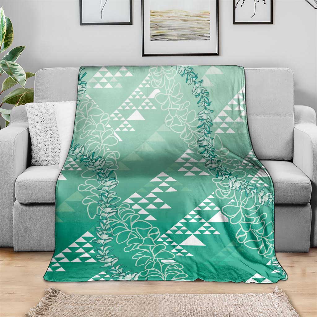 Hawaii Jade Green Kapa Blanket Vintage 'Ohe Kāpala Motifs Mix Plumeria Leis